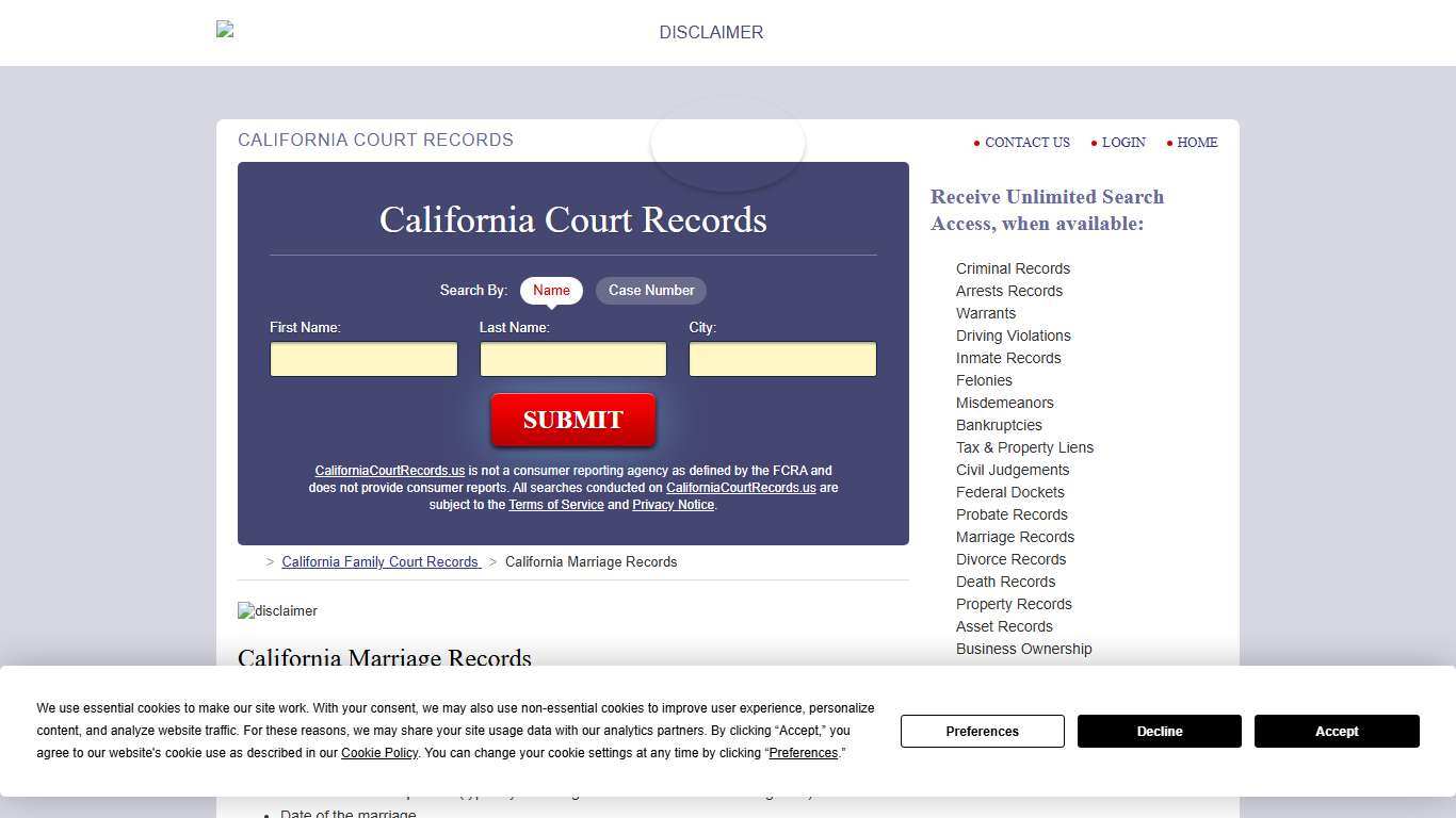 California Marriage Records Search CaliforniaCourtRecords.us