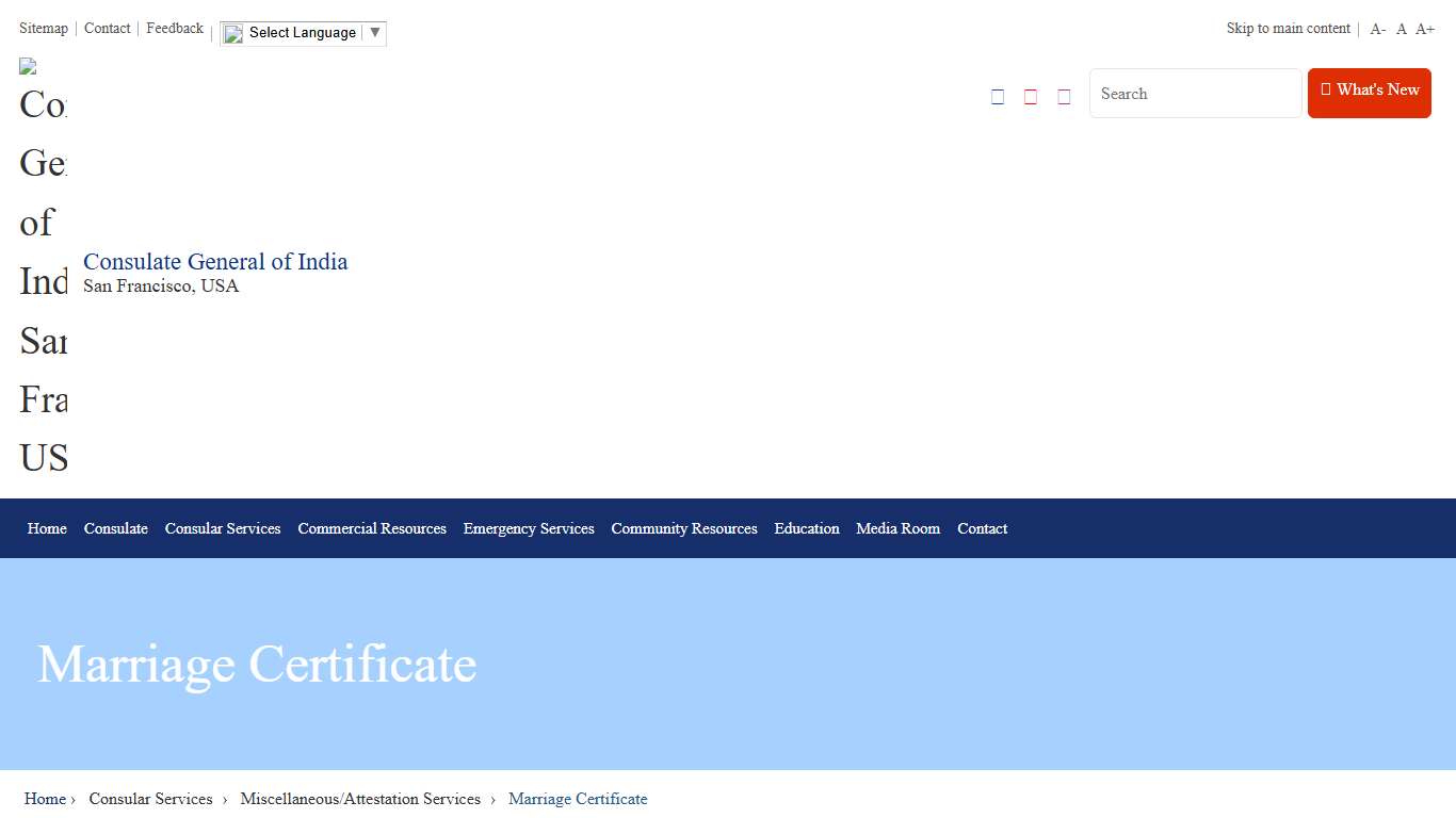 Marriage Certificate Consulate General of India, San Francisco, USA